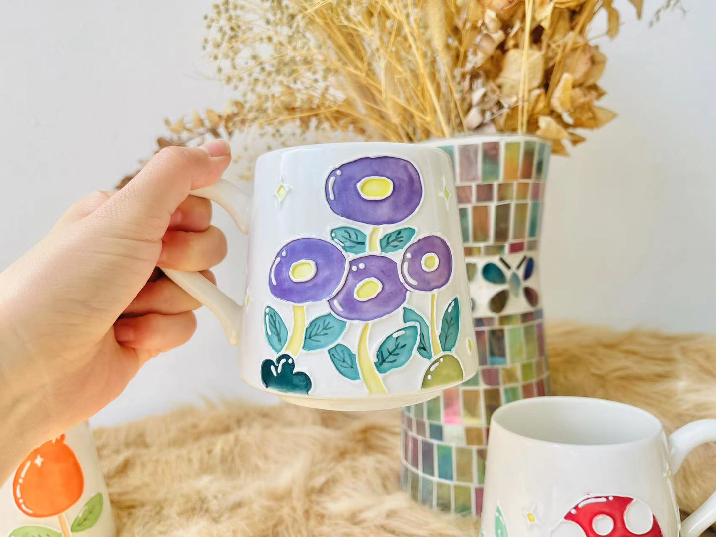 Handbemalte Keramiktasse mit Blumenmuster, personalisierte Keramiktasse für Kaffeeliebhaber