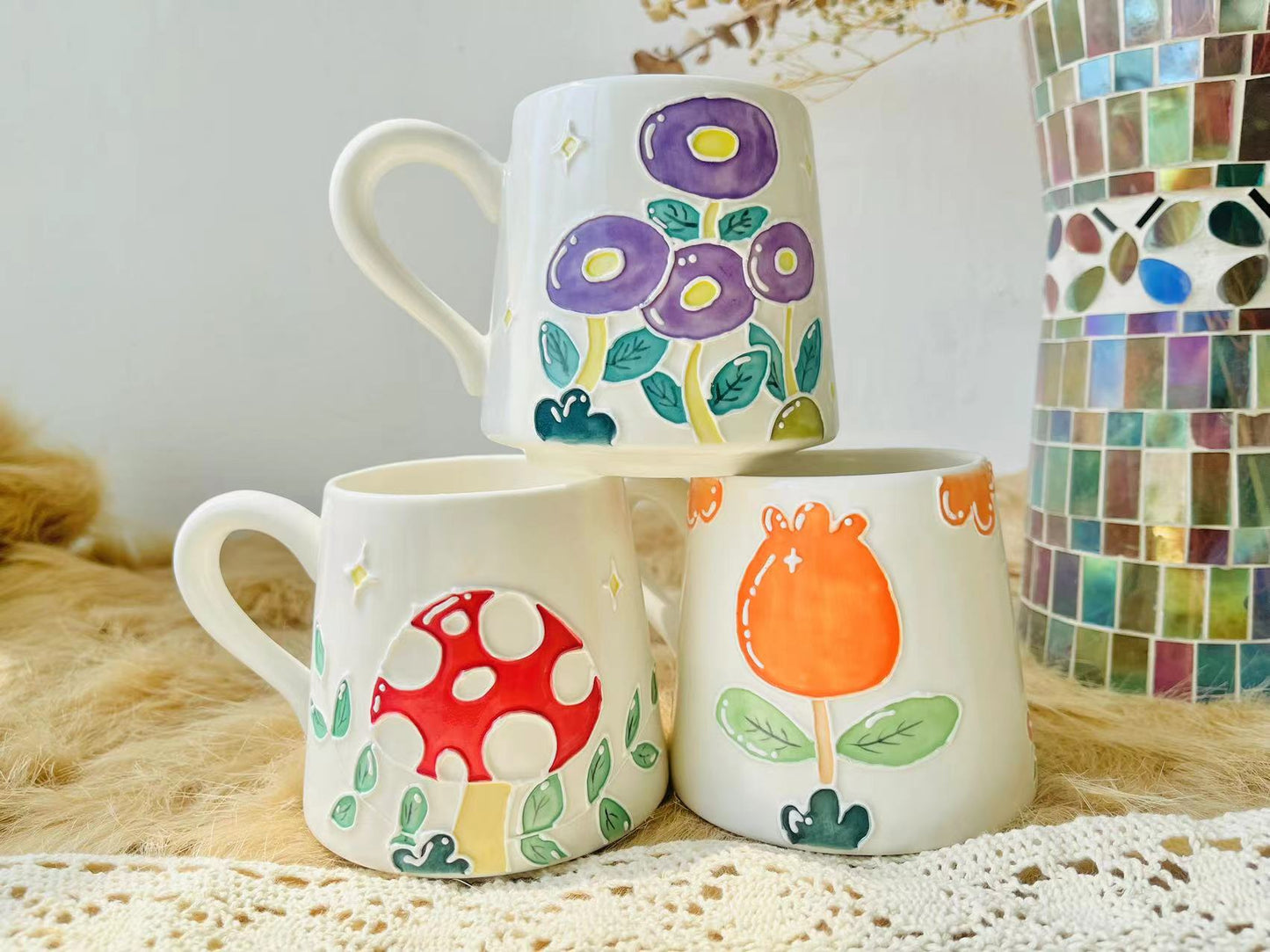 Handbemalte Keramiktasse mit Blumenmuster, personalisierte Keramiktasse für Kaffeeliebhaber
