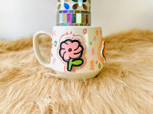 Handcrafted Ceramic Mug with Colorful 3D Floral Design - Unique & Artistic Coffee Cup