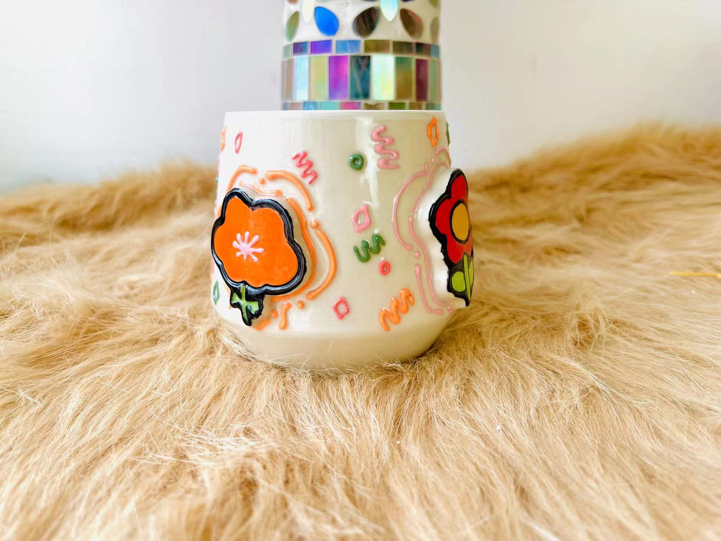 Handcrafted Ceramic Mug with Colorful 3D Floral Design - Unique & Artistic Coffee Cup