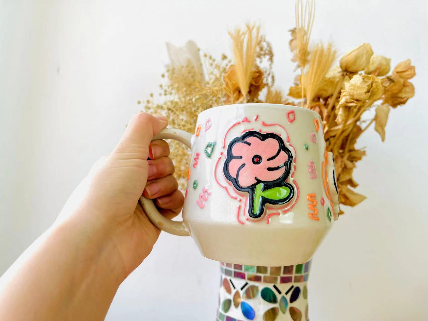 Handcrafted Ceramic Mug with Colorful 3D Floral Design - Unique & Artistic Coffee Cup