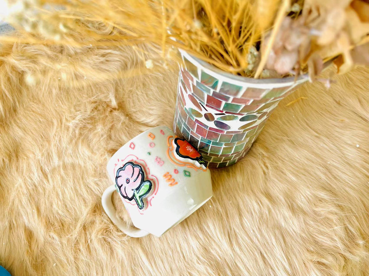 Handcrafted Ceramic Mug with Colorful 3D Floral Design - Unique & Artistic Coffee Cup