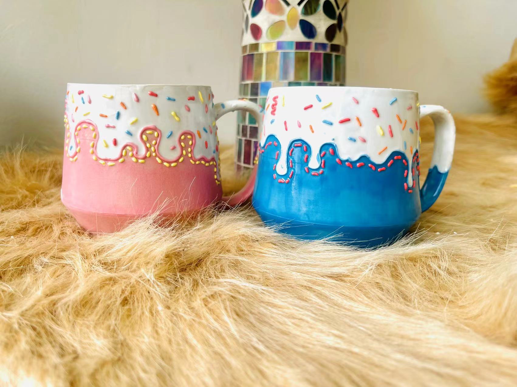 Handgemachter Eisbecher – Keramikbecher mit tropfender Glasur und Stre – UtopiaLifeStudio