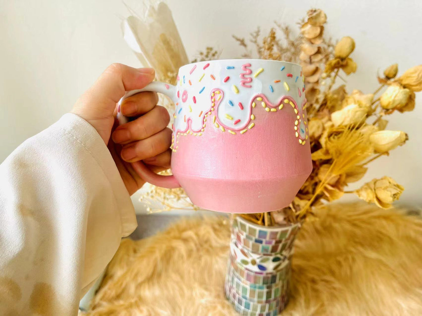Handmade Ice Cream Mug – Dripping Glaze & Sprinkles Ceramic Cup