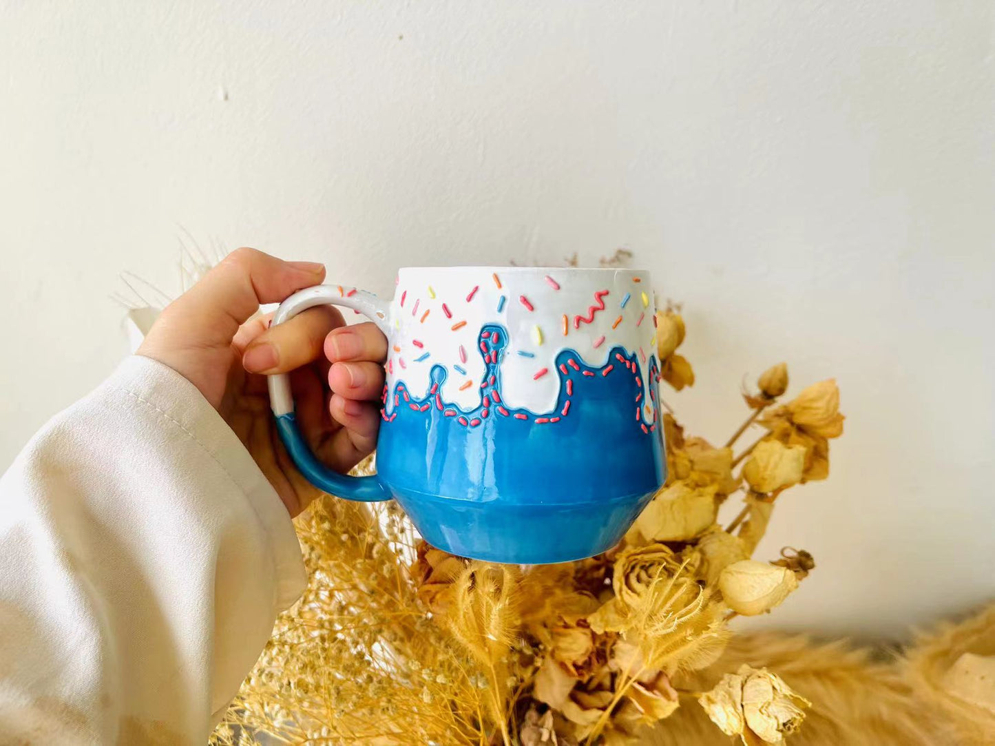 Handmade Ice Cream Mug – Dripping Glaze & Sprinkles Ceramic Cup
