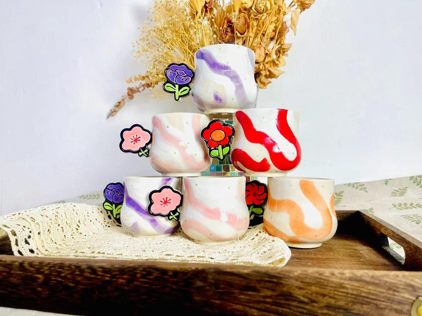 Handcrafted Ceramic Coffee Mug - Flower Handle with Colorful Stripes Design