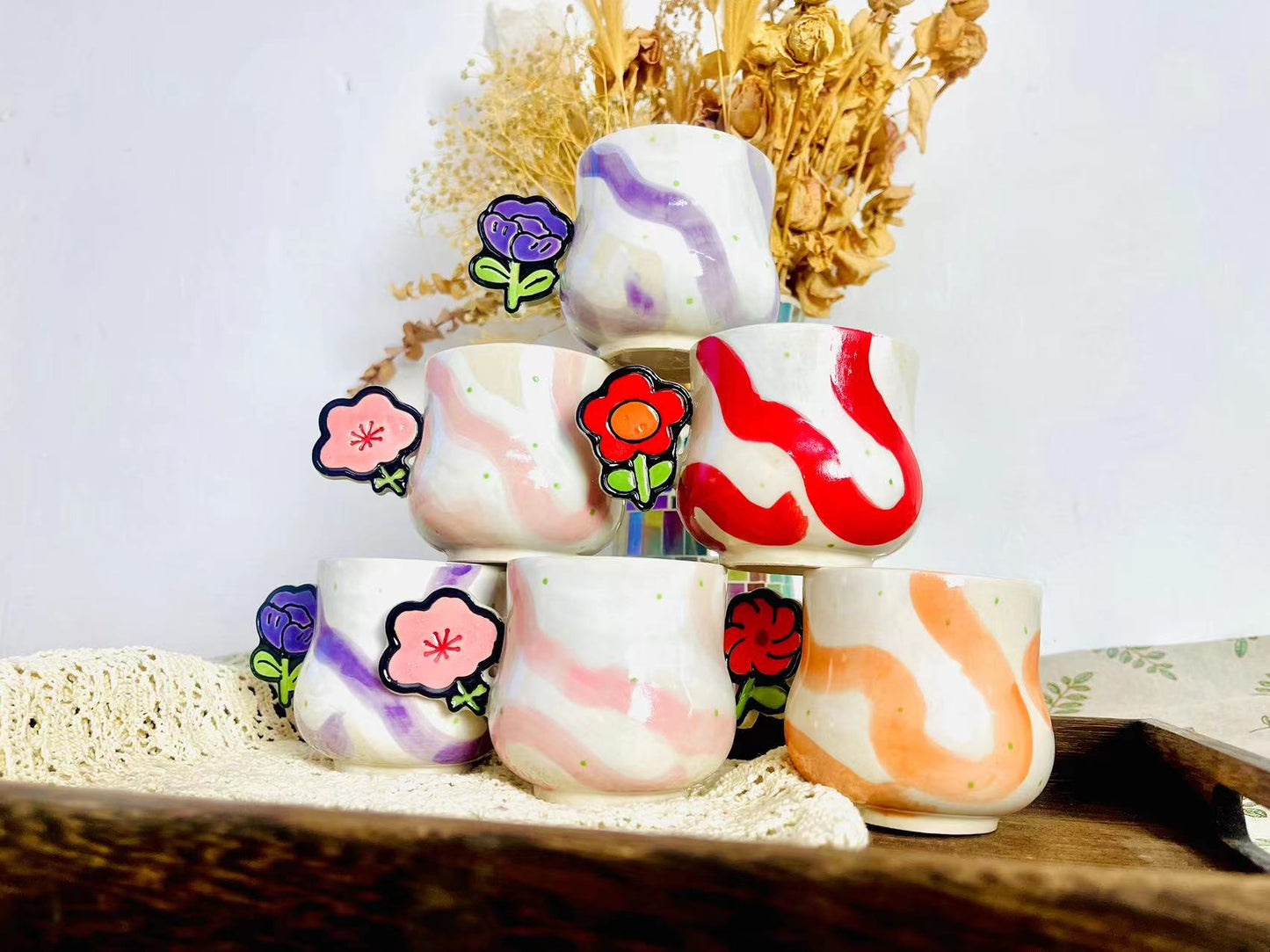 Handcrafted Ceramic Coffee Mug - Flower Handle with Colorful Stripes Design