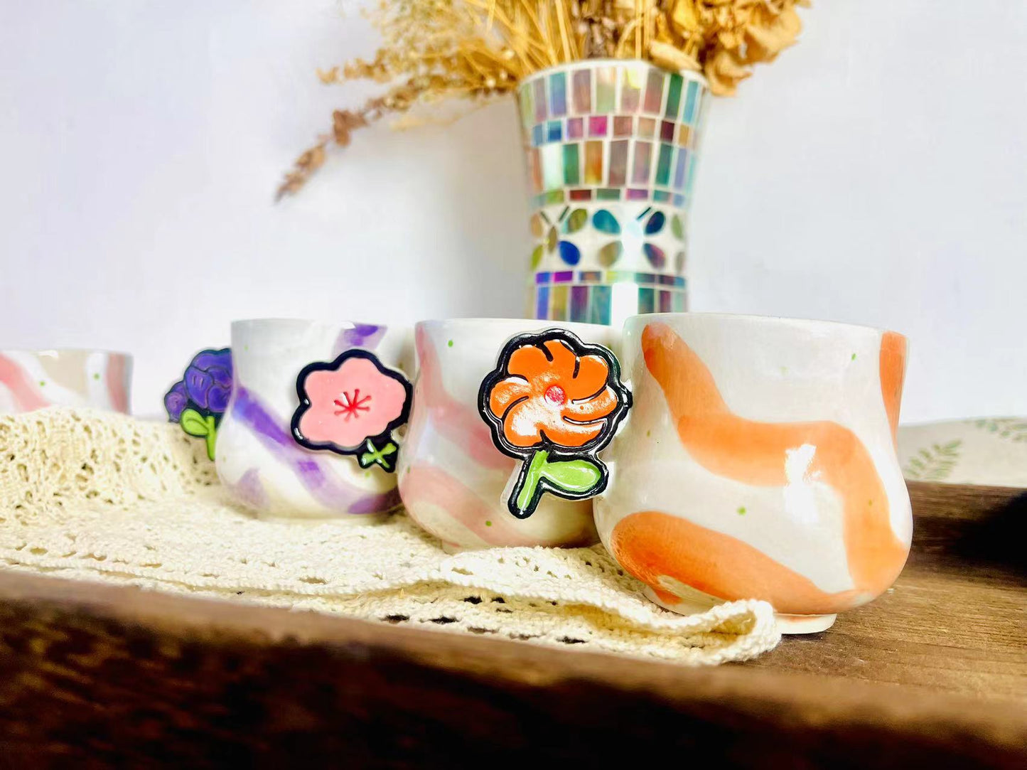 Handcrafted Ceramic Coffee Mug - Flower Handle with Colorful Stripes Design
