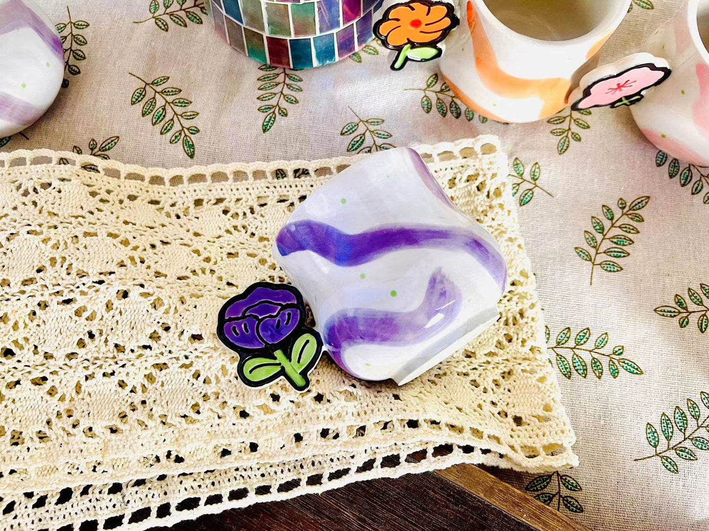 Handcrafted Ceramic Coffee Mug - Flower Handle with Colorful Stripes Design