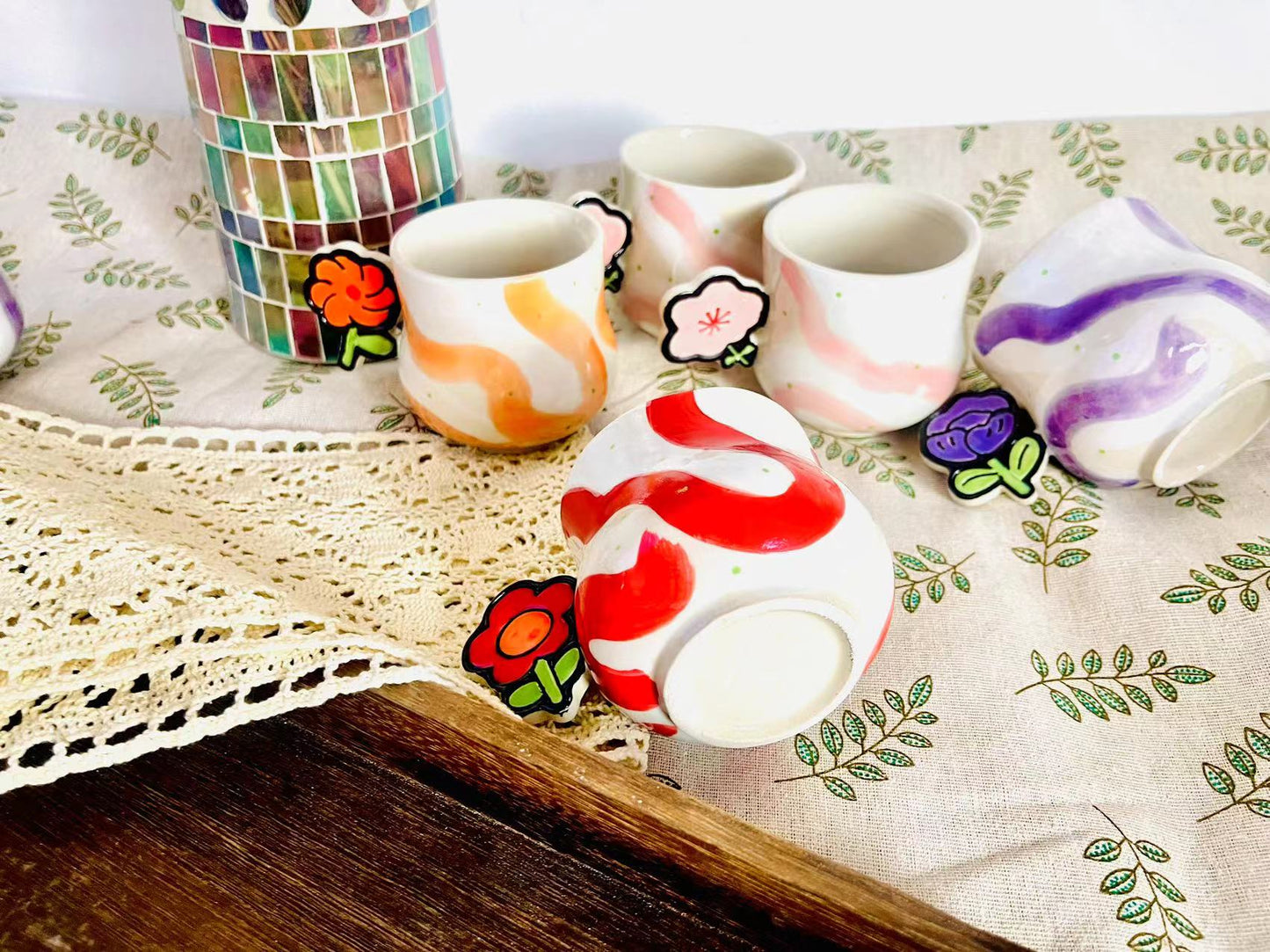 Handcrafted Ceramic Coffee Mug - Flower Handle with Colorful Stripes Design