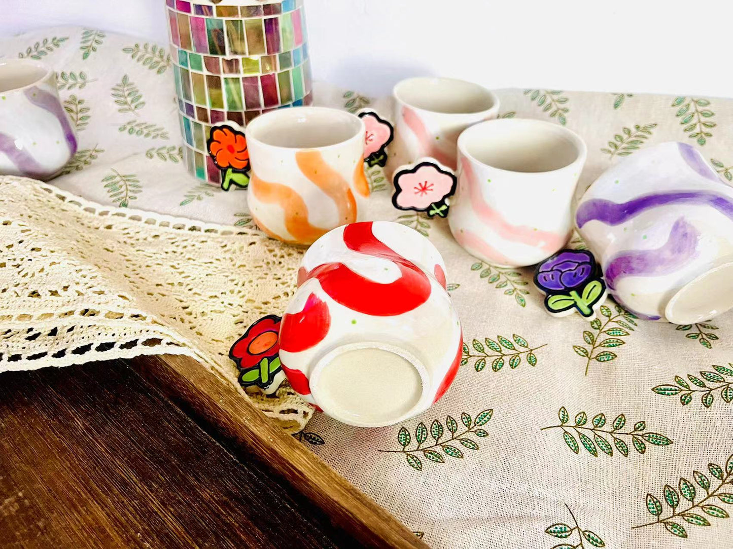 Handcrafted Ceramic Coffee Mug - Flower Handle with Colorful Stripes Design