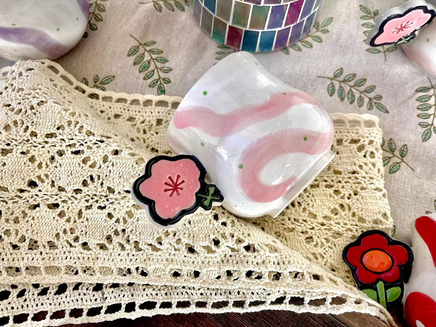 Handcrafted Ceramic Coffee Mug - Flower Handle with Colorful Stripes Design