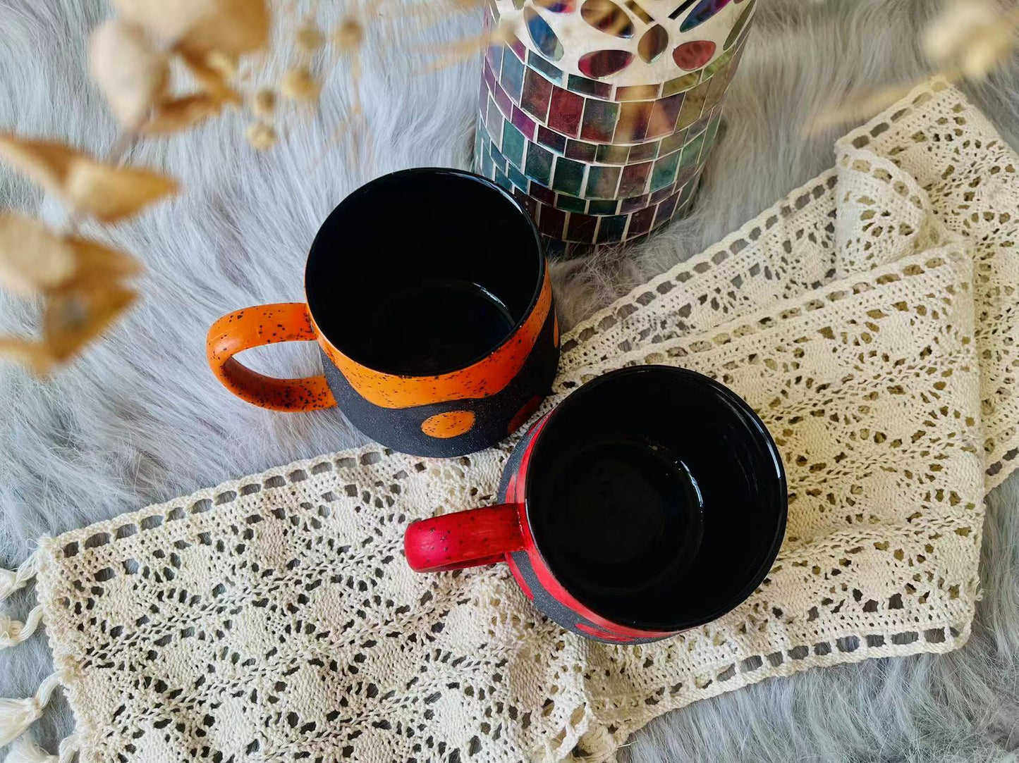 Handmade Ceramic Mug – Black with Bold Red & Orange Dots, Unique Pottery Cup