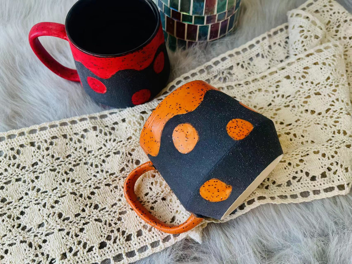Handmade Ceramic Mug – Black with Bold Red & Orange Dots, Unique Pottery Cup