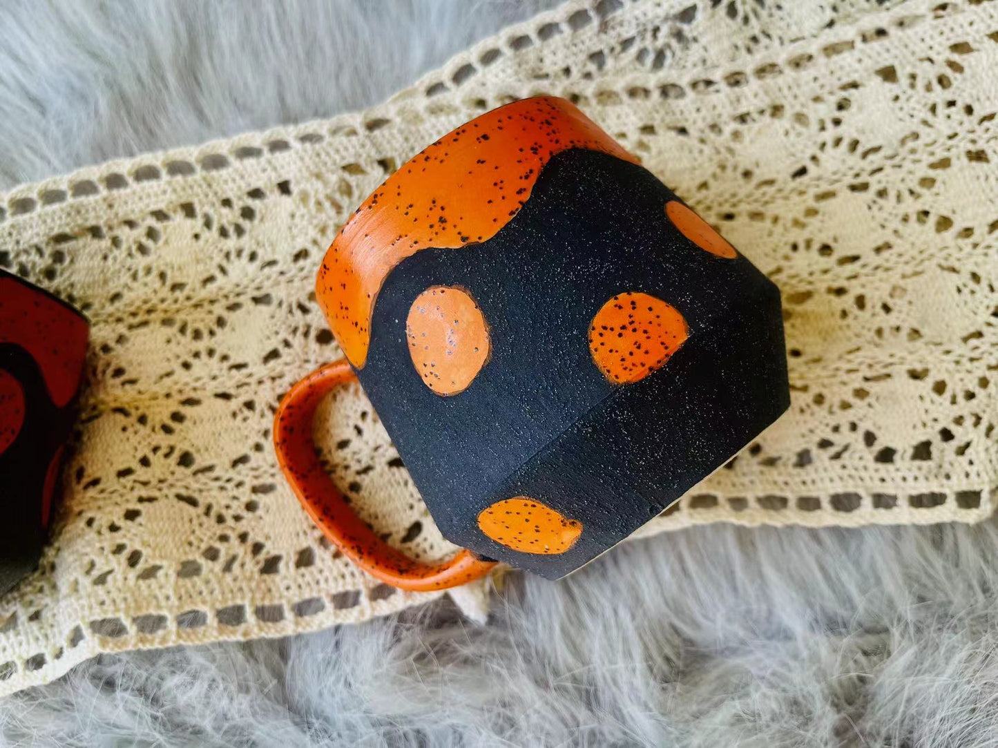 Handmade Ceramic Mug – Black with Bold Red & Orange Dots, Unique Pottery Cup