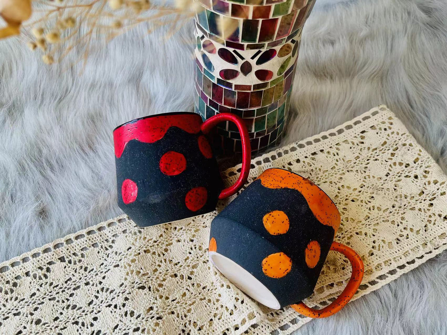 Handmade Ceramic Mug – Black with Bold Red & Orange Dots, Unique Pottery Cup