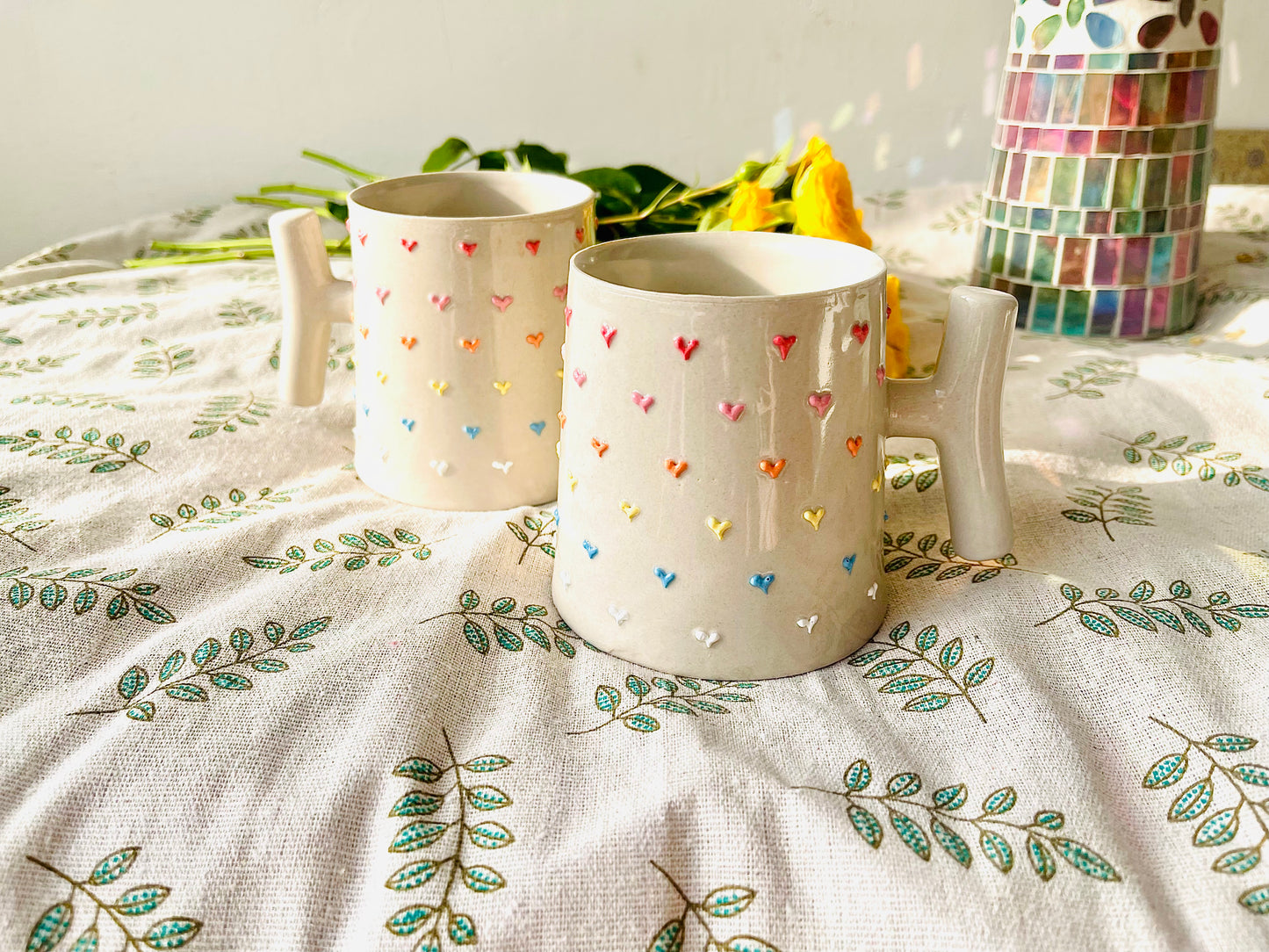 Handmade T-Handle Mug – 3D Colorful Heart Ceramic Cup, Hand-Painted Pottery Coffee Mug