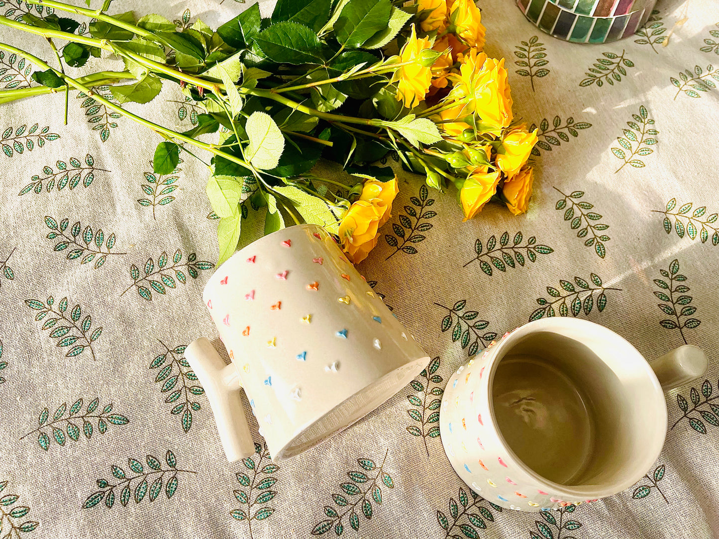 Handmade T-Handle Mug – 3D Colorful Heart Ceramic Cup, Hand-Painted Pottery Coffee Mug