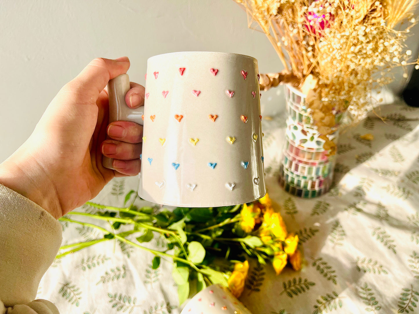 Handmade T-Handle Mug – 3D Colorful Heart Ceramic Cup, Hand-Painted Pottery Coffee Mug