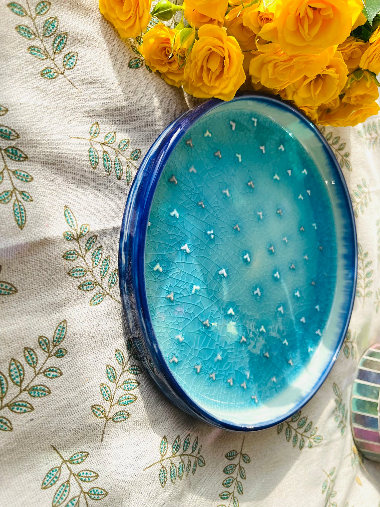 Handcrafted Ceramic Plate โ Crackle Glaze with 3D Heart Design