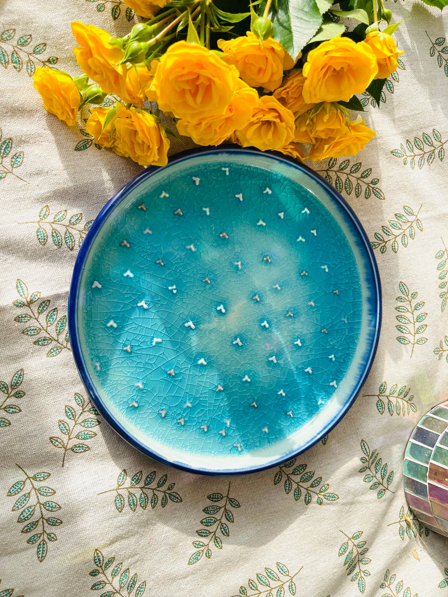Handcrafted Ceramic Plate โ Crackle Glaze with 3D Heart Design
