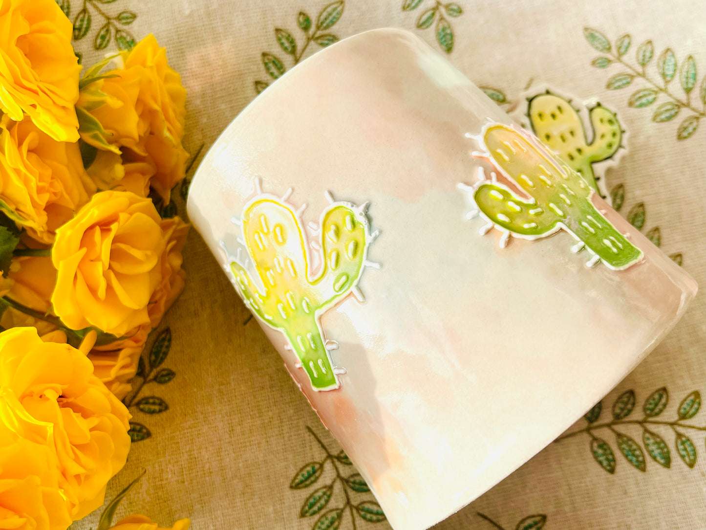 Handcrafted Ceramic Coffee Mug – Cactus & Leaf Handle Design with Crackle Glaze