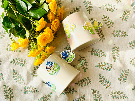 Handcrafted Ceramic Coffee Mug – Cactus & Leaf Handle Design with Crackle Glaze