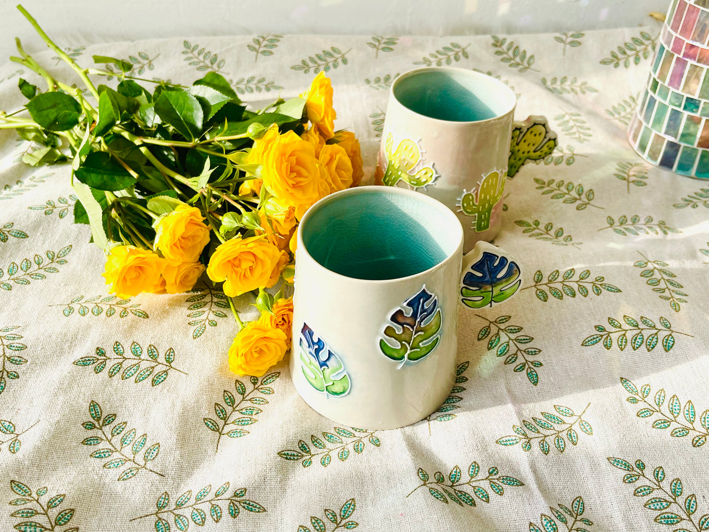 Handcrafted Ceramic Coffee Mug – Cactus & Leaf Handle Design with Crackle Glaze