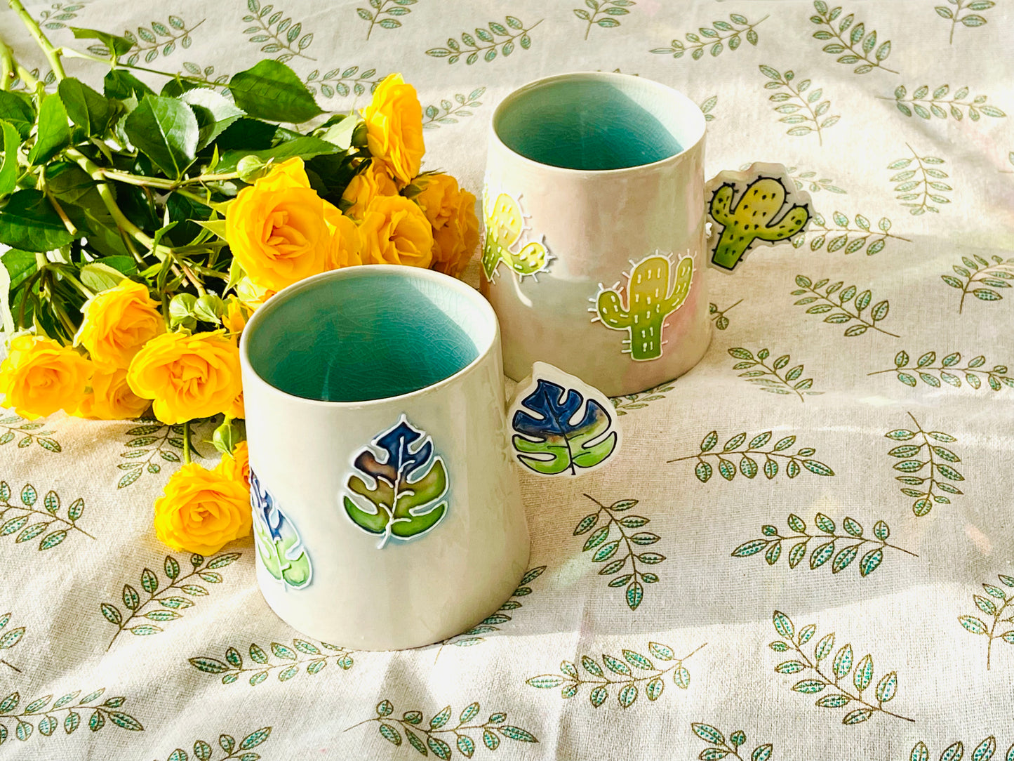 Handcrafted Ceramic Coffee Mug – Cactus & Leaf Handle Design with Crackle Glaze