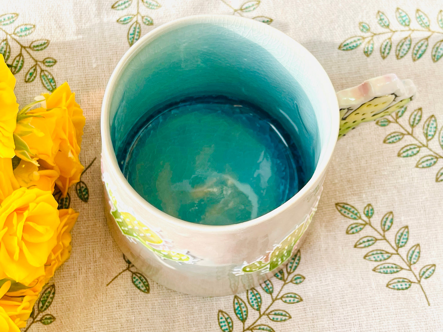 Handcrafted Ceramic Coffee Mug – Cactus & Leaf Handle Design with Crackle Glaze