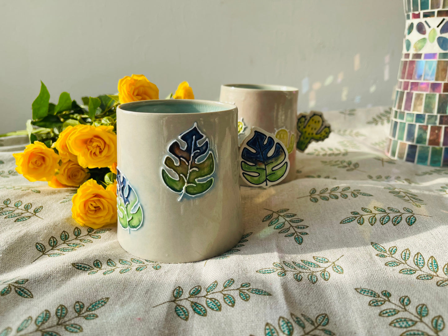 Handcrafted Ceramic Coffee Mug – Cactus & Leaf Handle Design with Crackle Glaze