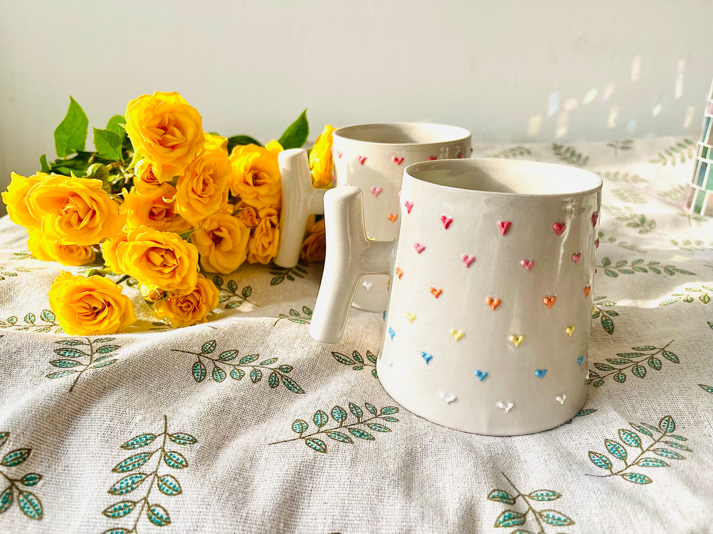 Handmade T-Handle Mug – 3D Colorful Heart Ceramic Cup, Hand-Painted Pottery Coffee Mug