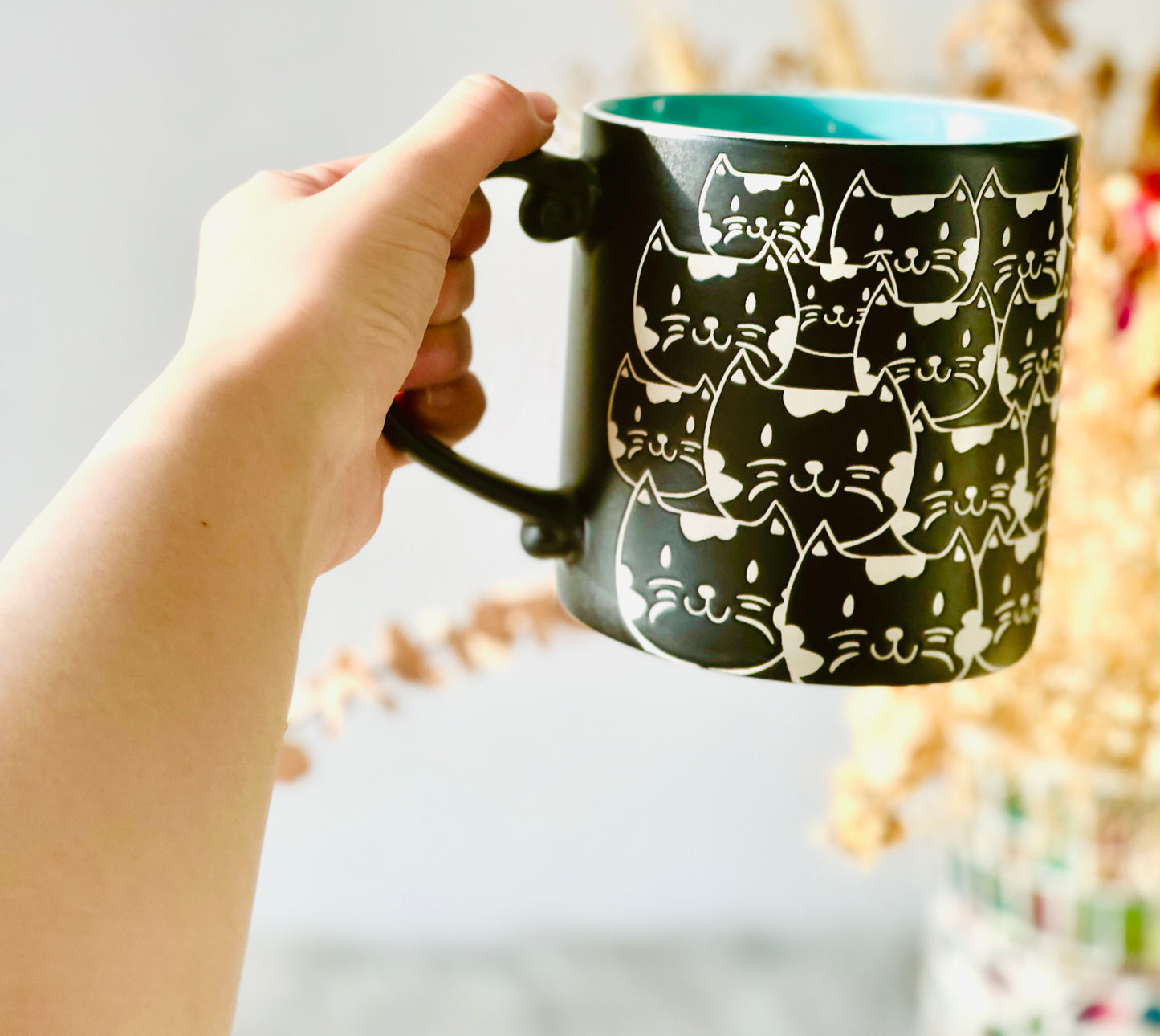 Handmade Cat Mug – Black & Teal Ceramic Coffee Cup, Cute Kitty Lover Gift