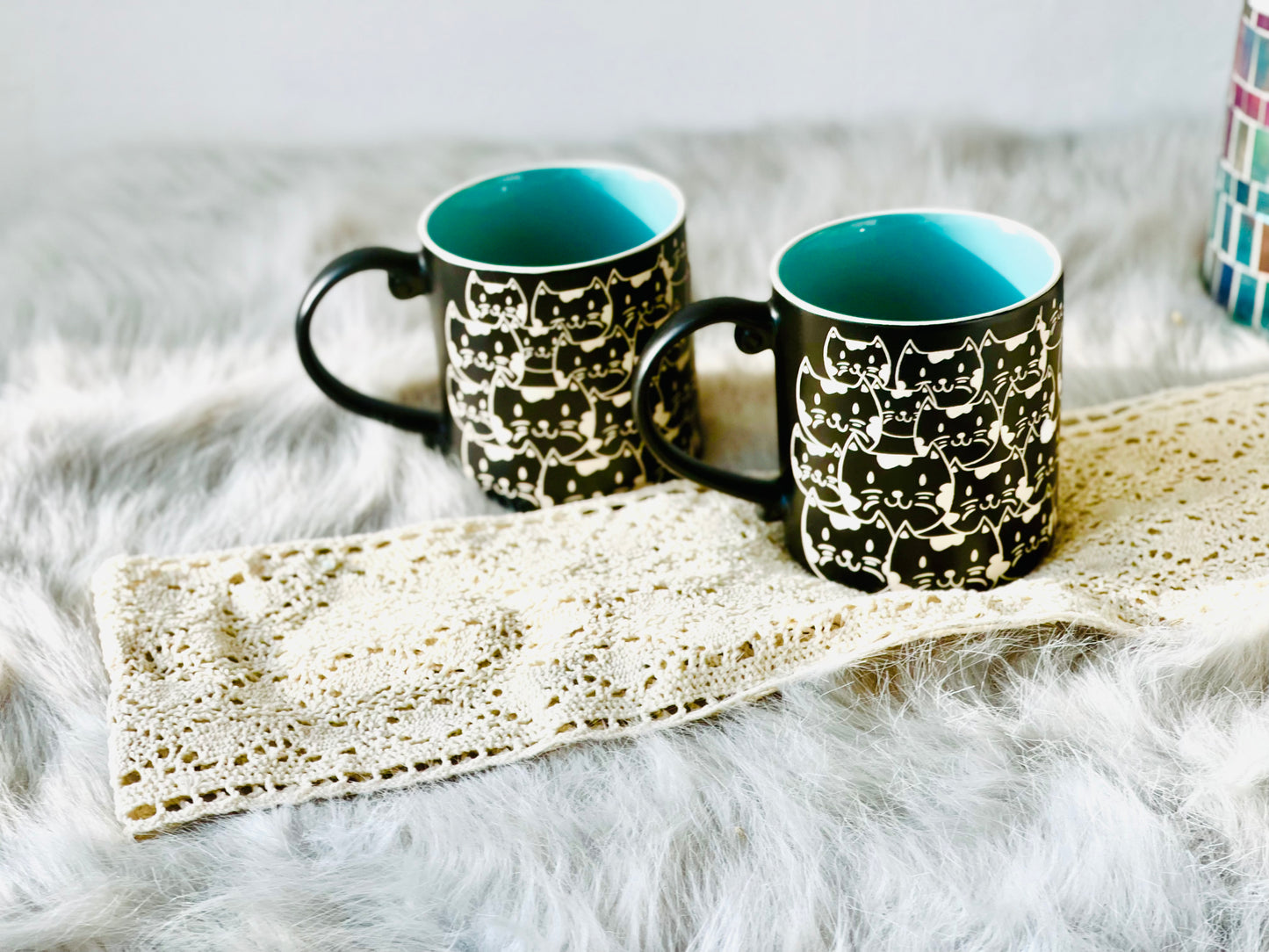 Handmade Cat Mug – Black & Teal Ceramic Coffee Cup, Cute Kitty Lover Gift