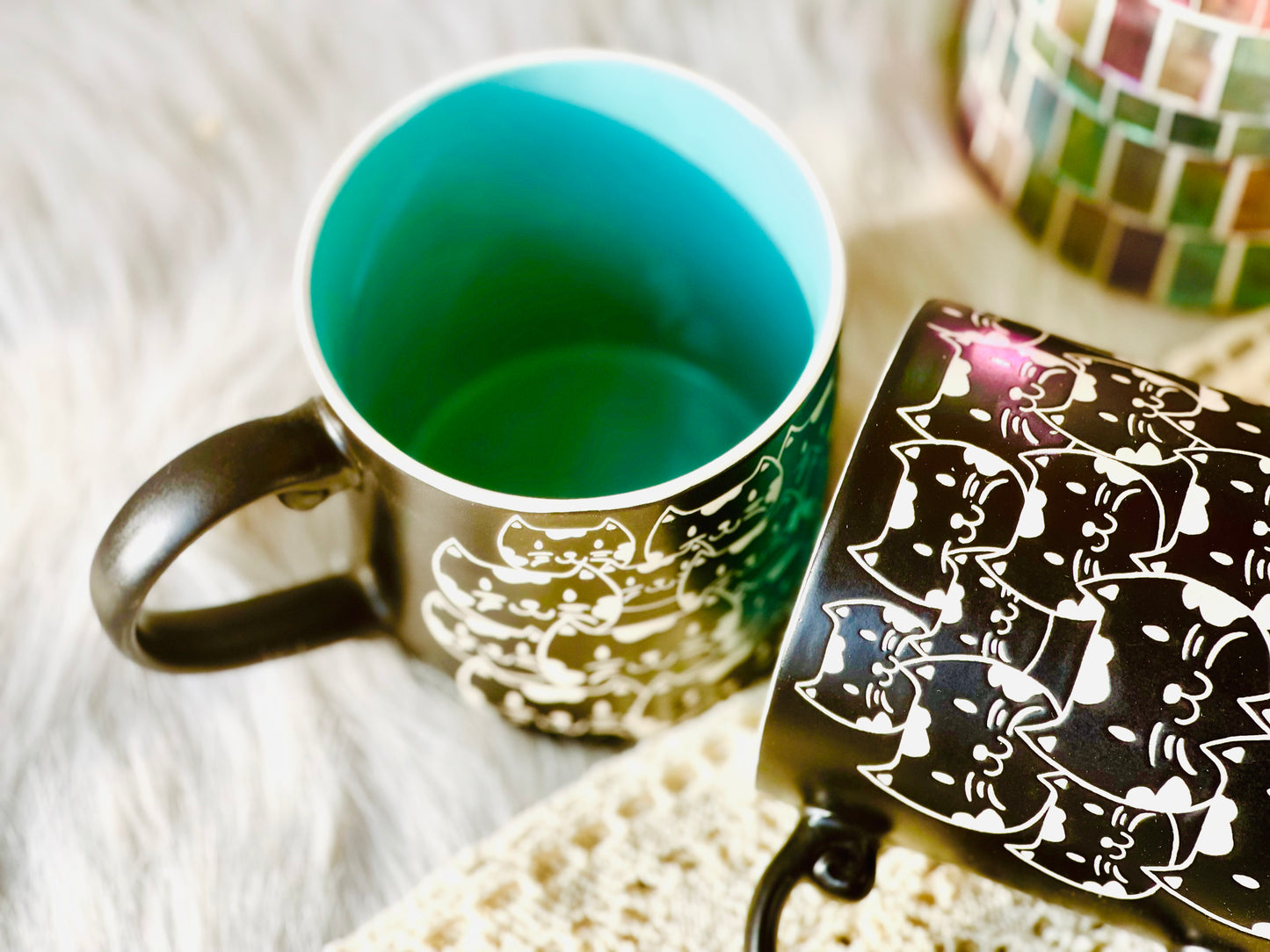 Handmade Cat Mug – Black & Teal Ceramic Coffee Cup, Cute Kitty Lover Gift