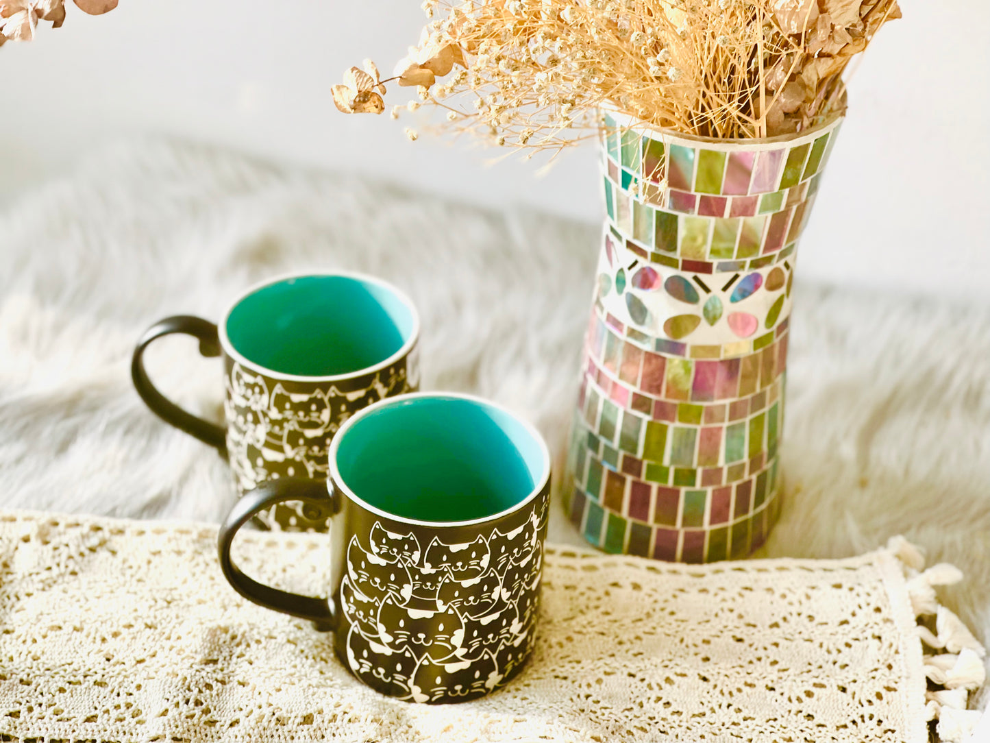 Handmade Cat Mug – Black & Teal Ceramic Coffee Cup, Cute Kitty Lover Gift