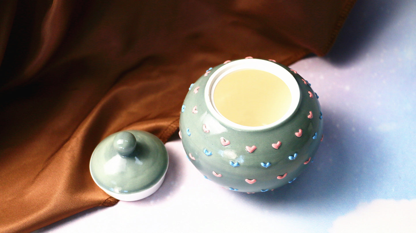Handmade Round 3D Heart Ceramic Pet Urn, Custom Pottery Keepsake Urn For Ashes