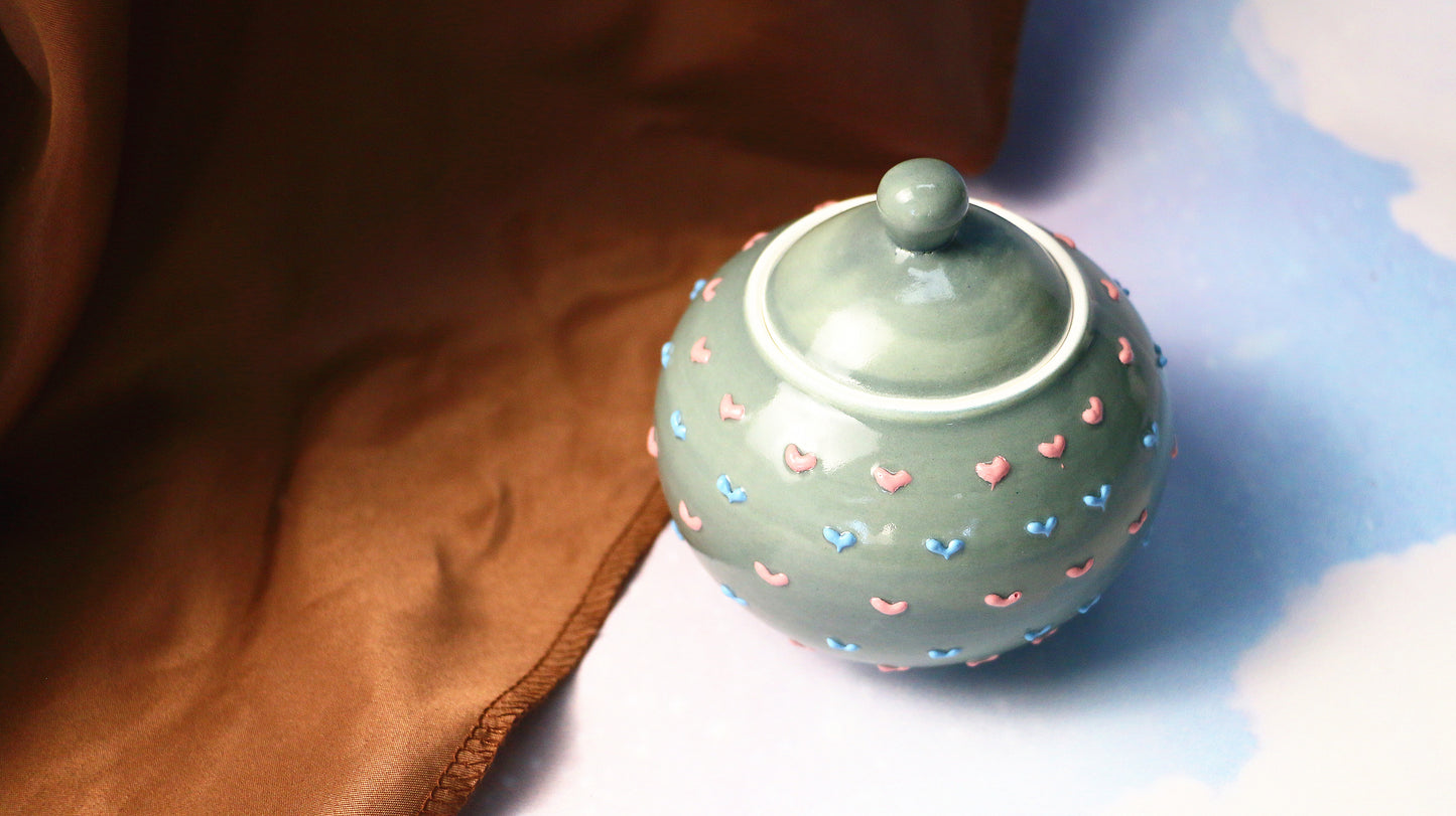 Handmade Round 3D Heart Ceramic Pet Urn, Custom Pottery Keepsake Urn For Ashes