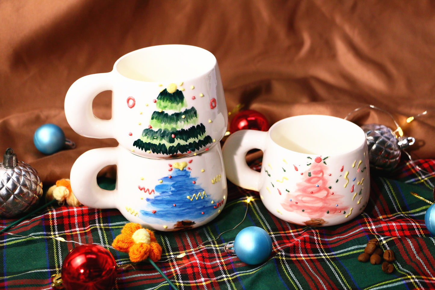 Cute Handmade Ceramic Mug – Hand-Painted Christmas Tree Design