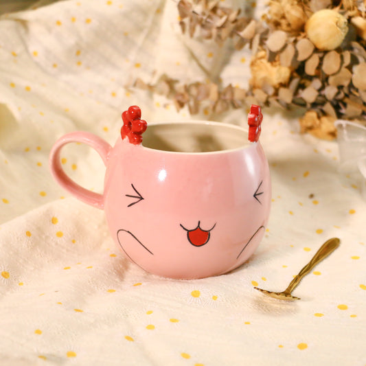 Handmade Kawaii Coffee Mug – Pink Ceramic Cup with Cute Flower Ears