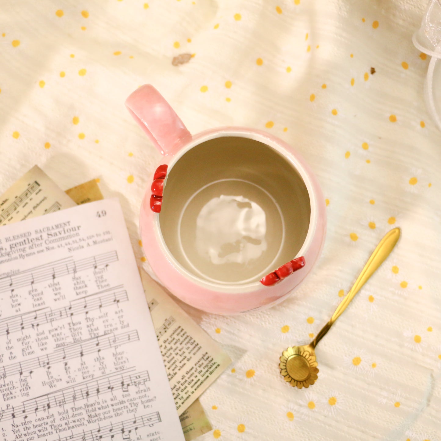 Handmade Kawaii Coffee Mug – Pink Ceramic Cup with Cute Flower Ears