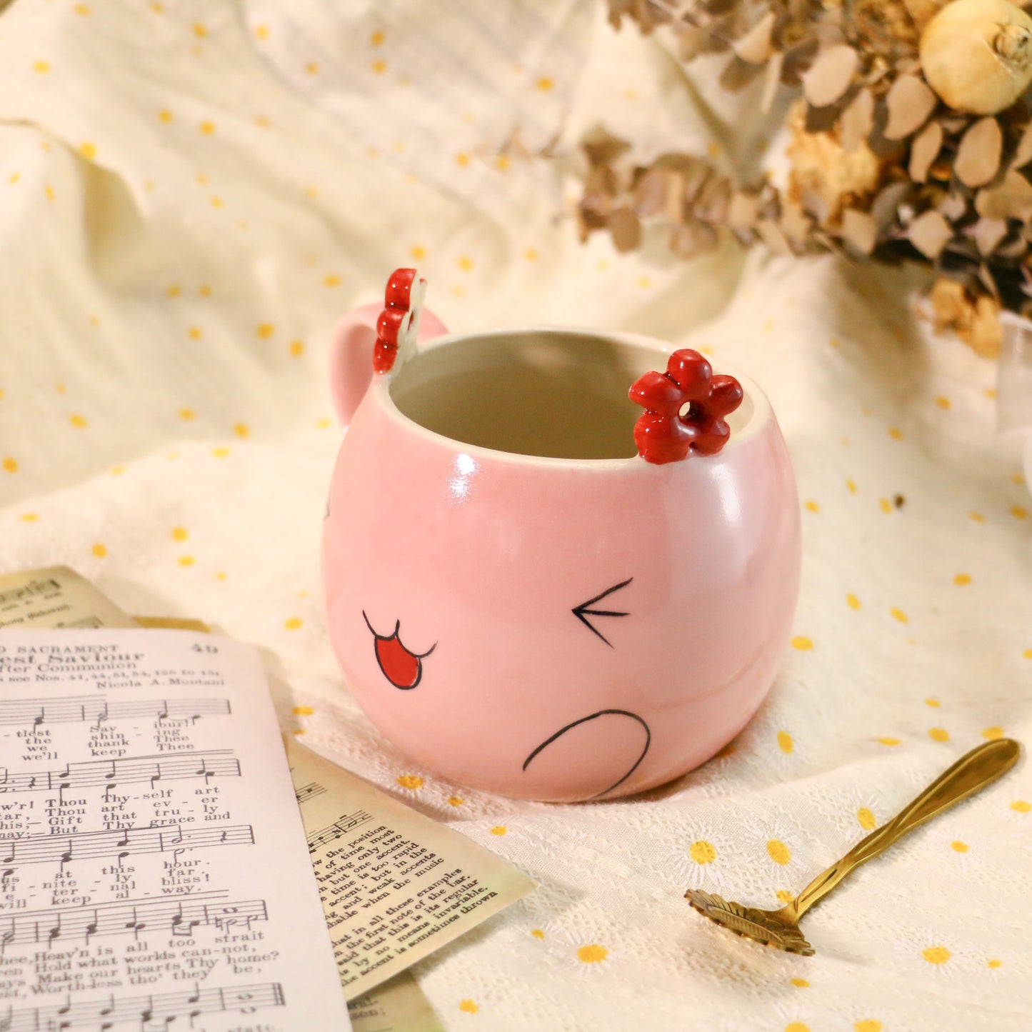 Handmade Kawaii Coffee Mug – Pink Ceramic Cup with Cute Flower Ears