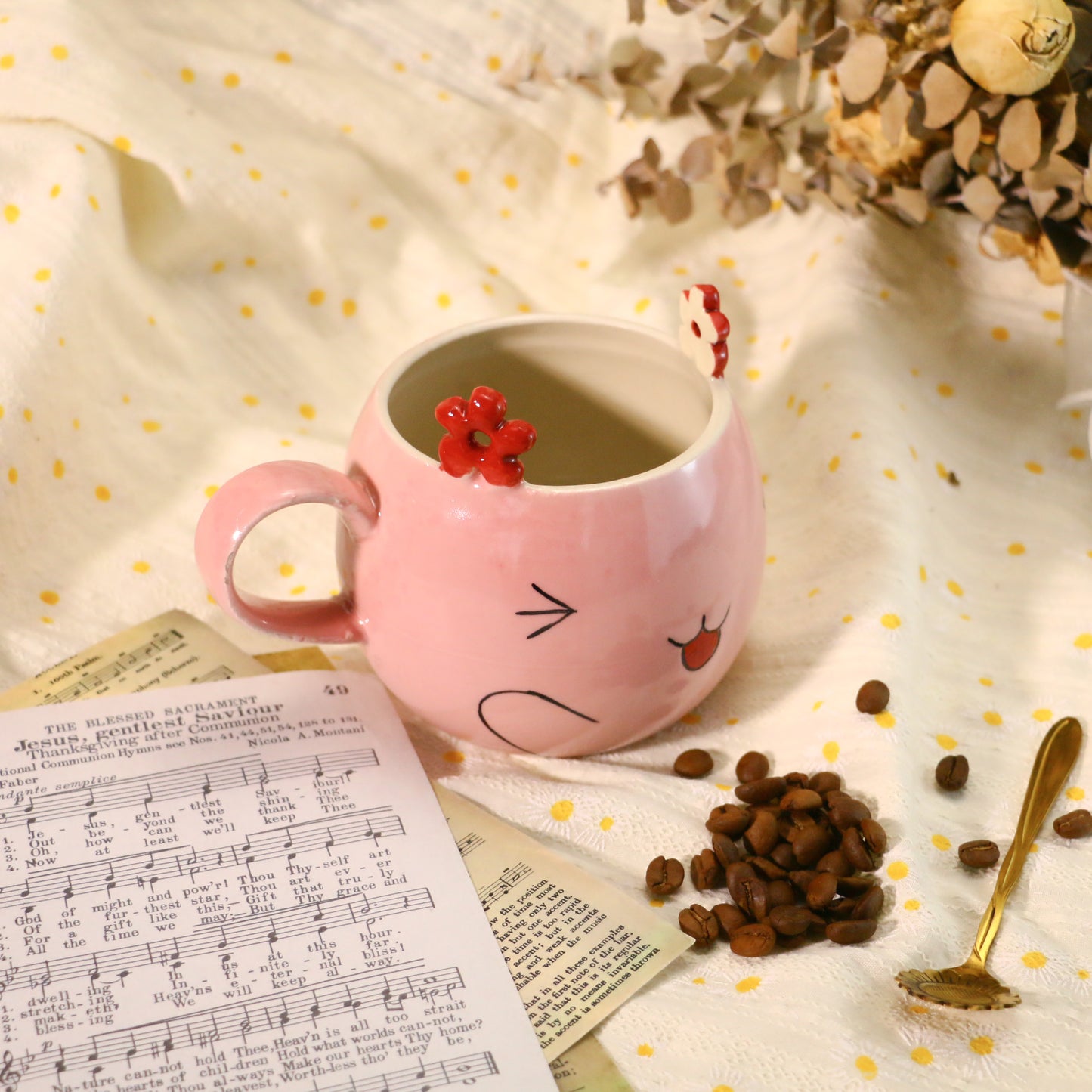 Handmade Kawaii Coffee Mug – Pink Ceramic Cup with Cute Flower Ears