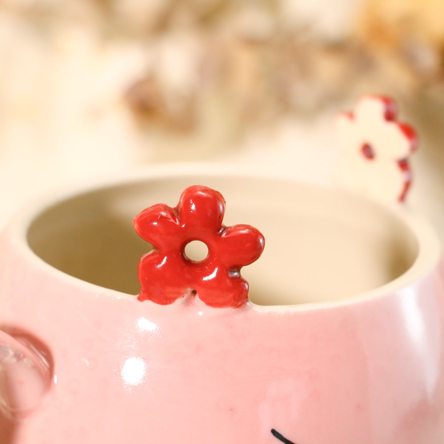 Handmade Kawaii Coffee Mug – Pink Ceramic Cup with Cute Flower Ears