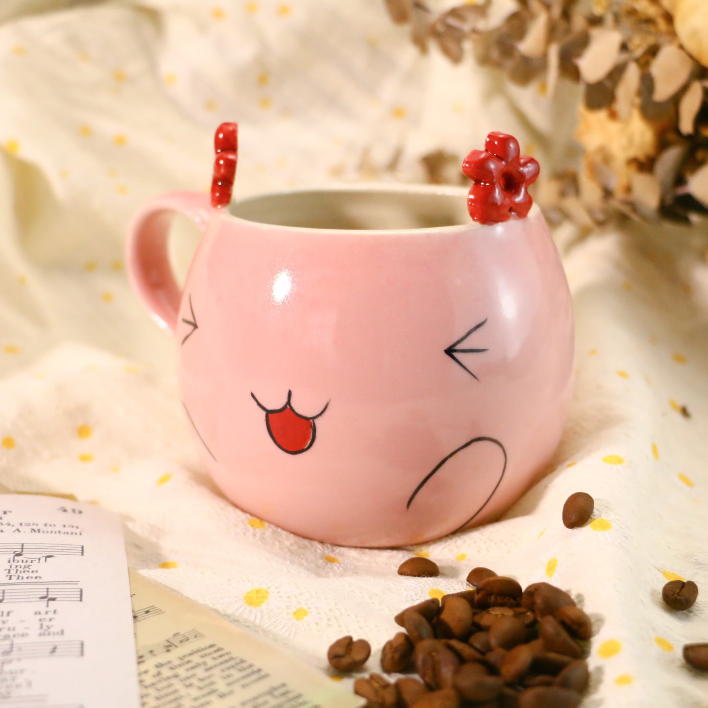 Handmade Kawaii Coffee Mug – Pink Ceramic Cup with Cute Flower Ears