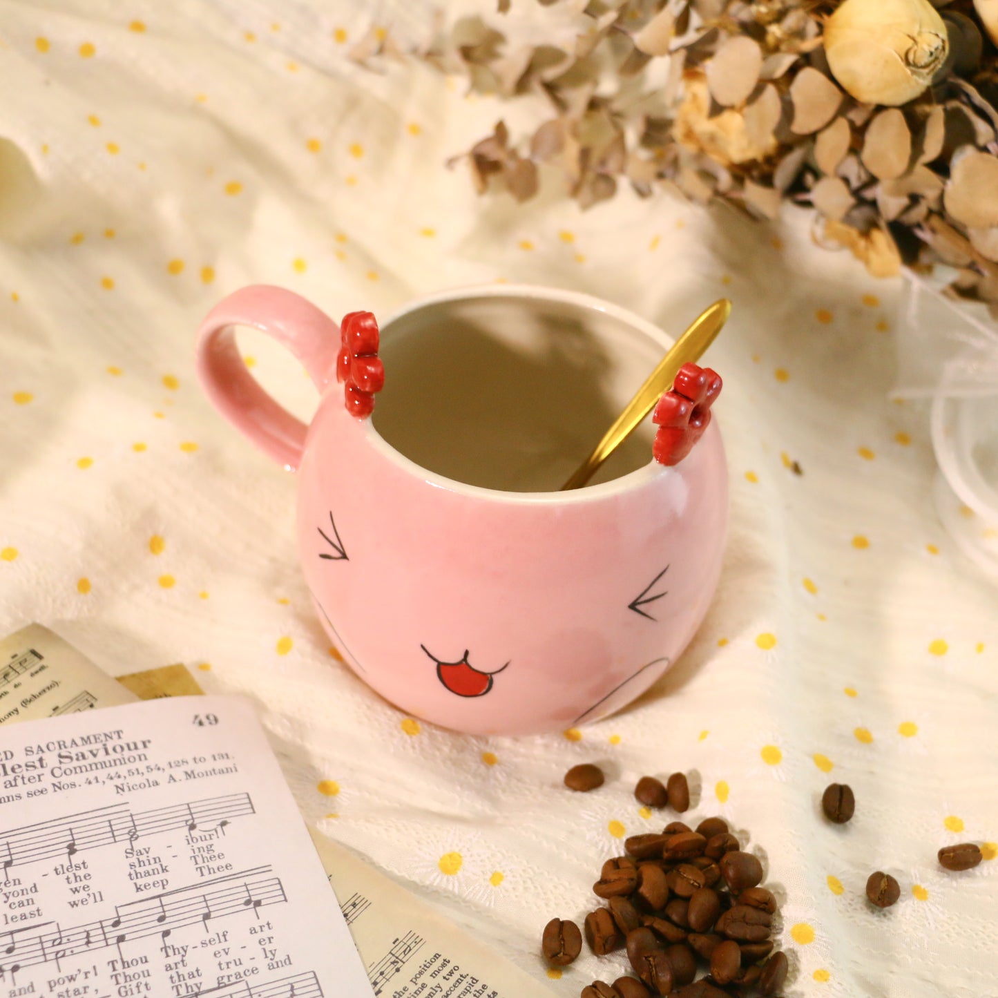 Handmade Kawaii Coffee Mug – Pink Ceramic Cup with Cute Flower Ears