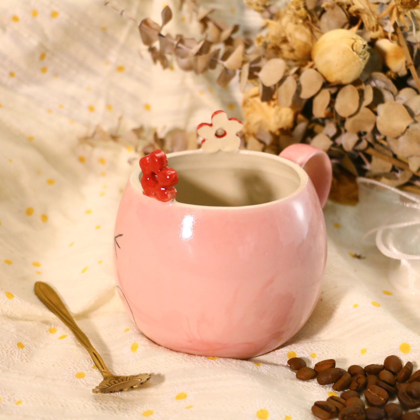 Handmade Kawaii Coffee Mug – Pink Ceramic Cup with Cute Flower Ears