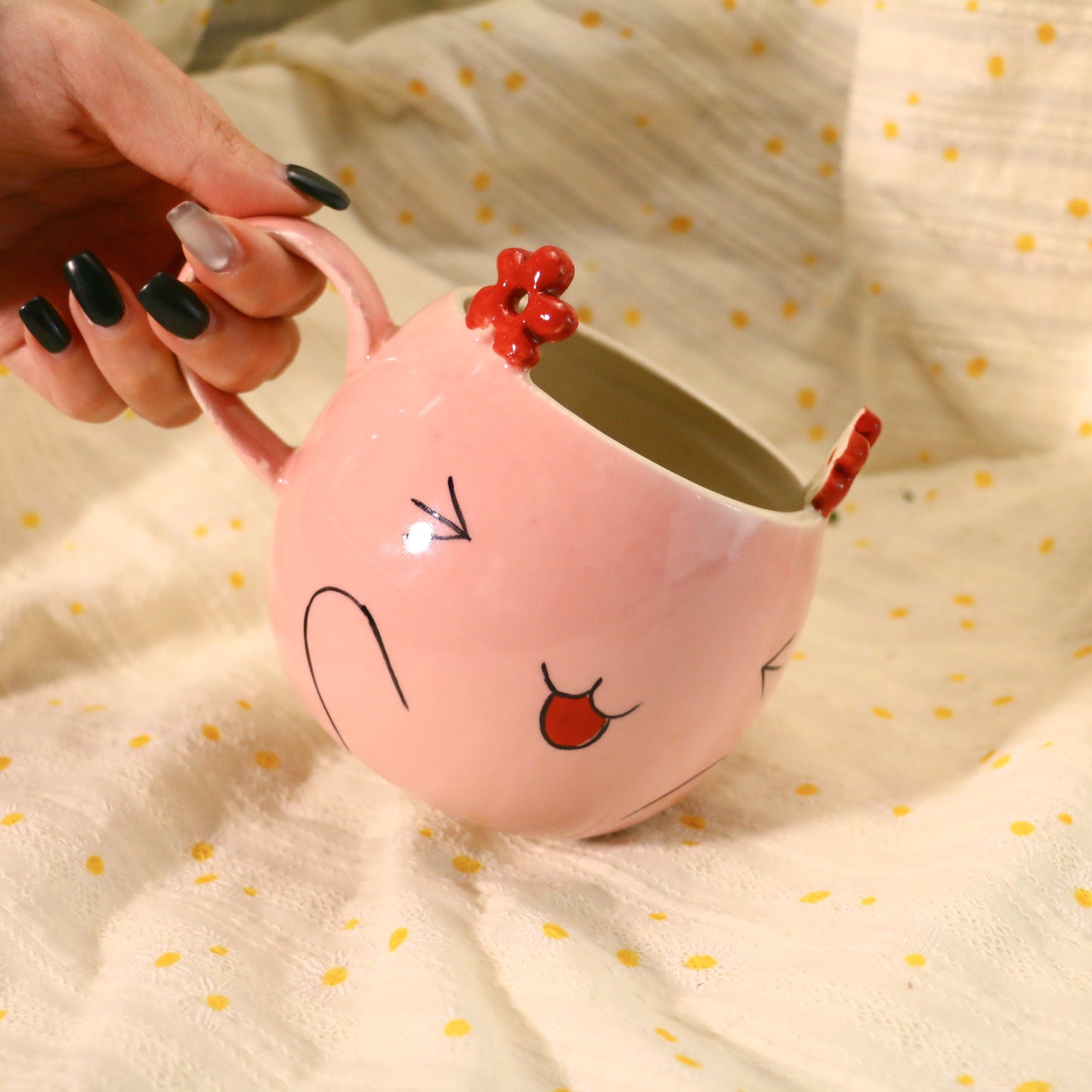 Handmade Kawaii Coffee Mug – Pink Ceramic Cup with Cute Flower Ears