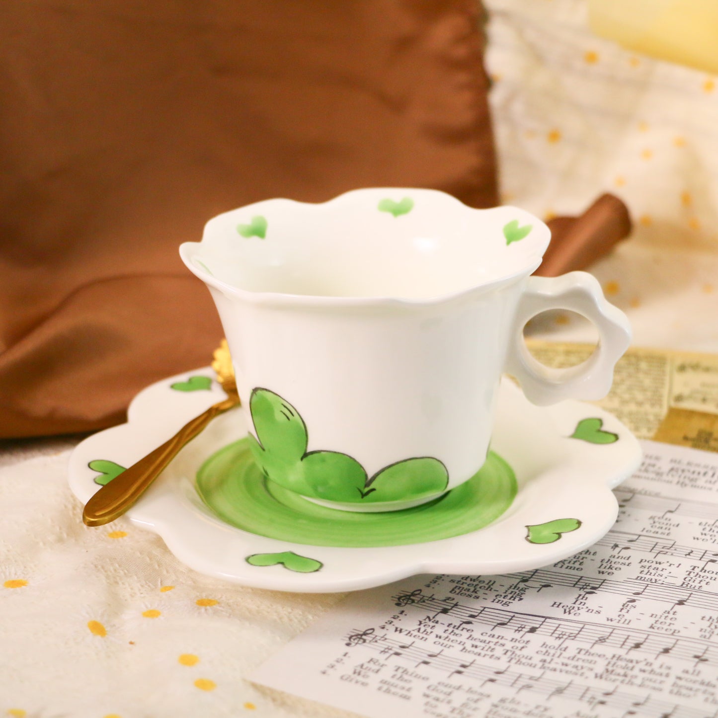 Cute Floral Design Ceramic Mug with Scalloped Saucer