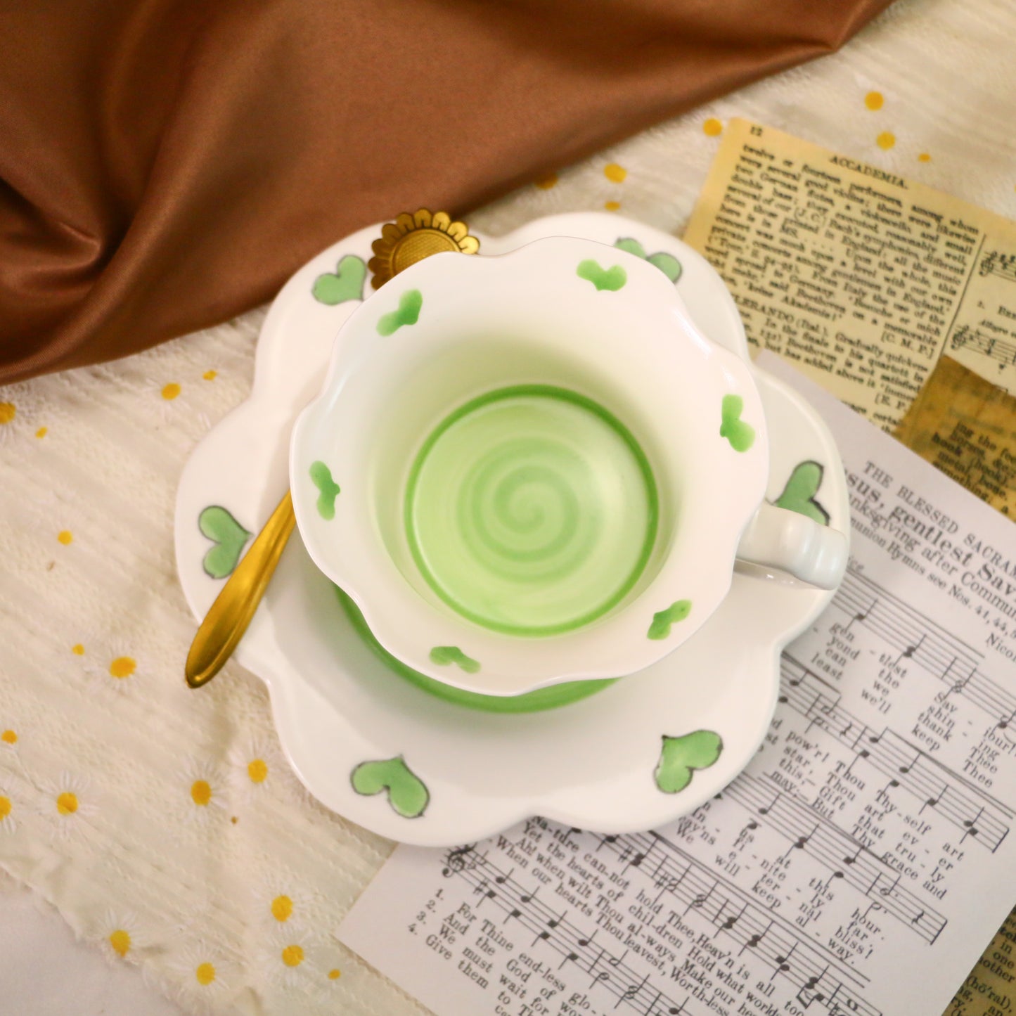 Cute Floral Design Ceramic Mug with Scalloped Saucer
